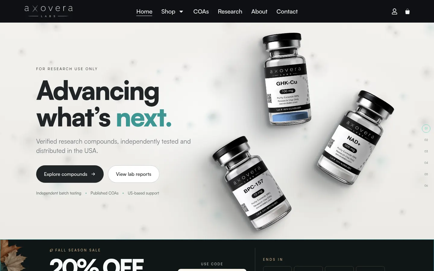 Screenshot of the Axovera Labs store home page on desktop