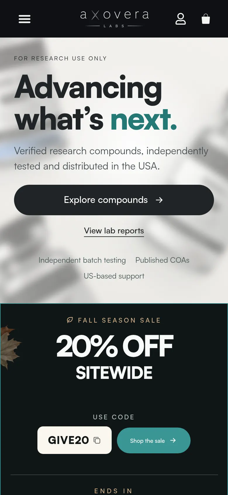 Screenshot of the Axovera Labs store home page on a phone