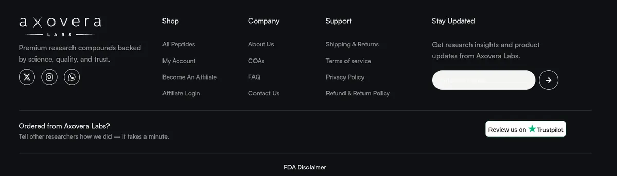 Screenshot of the Axovera Labs footer with a Review us on Trustpilot button