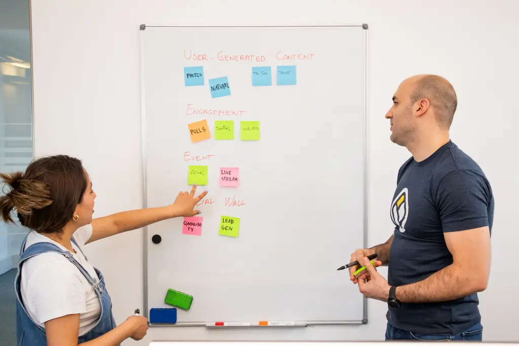 Two people planning a project on a whiteboard covered in sticky notes